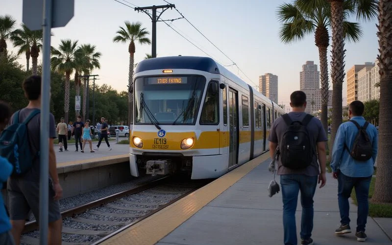 Light rail train at a platform in the evening, Houston