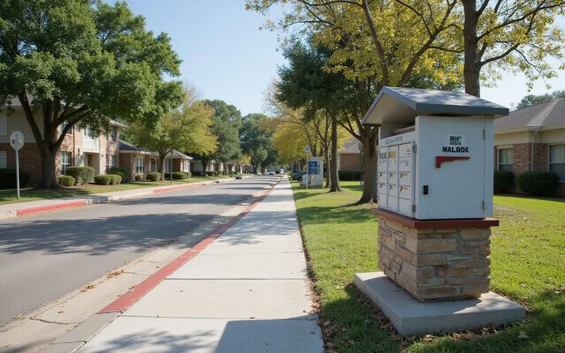 Mailbox kiosk at a new apartment community, afternoon light