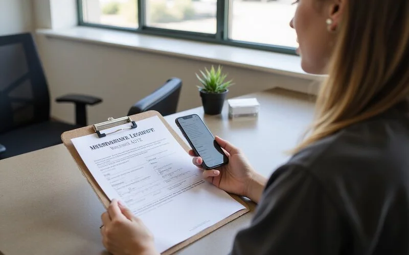 Maintenance request form on a clipboard at a leasing desk