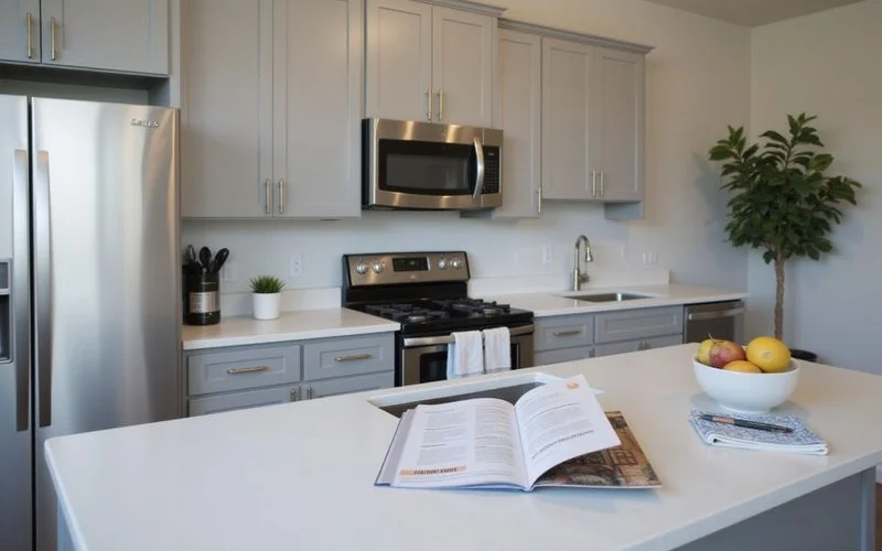 Model apartment kitchen with a leasing brochure and a pen on the island in a building still under construction