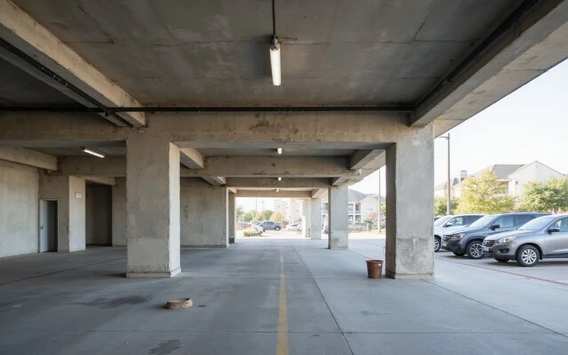 Mostly empty new apartment parking garage level on a weekday afternoon with a few cars