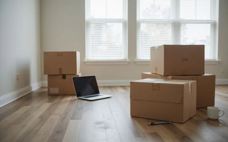 Moving boxes and a laptop on the floor of an empty new apartment