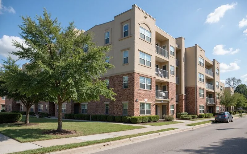 New income-restricted apartment building exterior, mid-rise, daytime