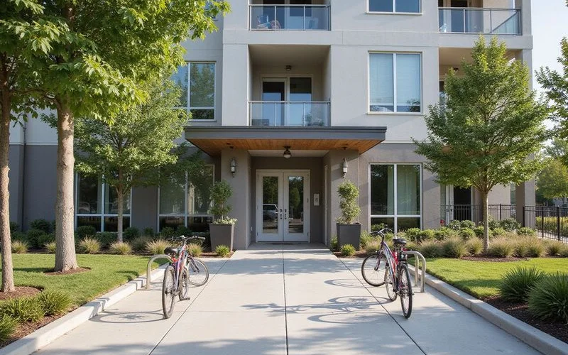 New mid-rise apartment entrance with bike racks, daytime