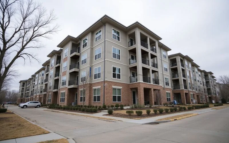 Newly built apartment building with one phase finished and another under construction on a winter day