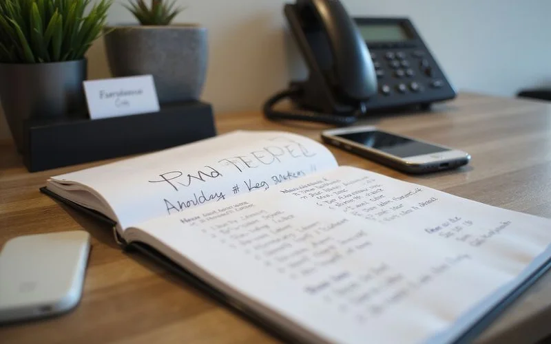 Notebook with handwritten tour notes and a date at the top next to a phone on a leasing office counter