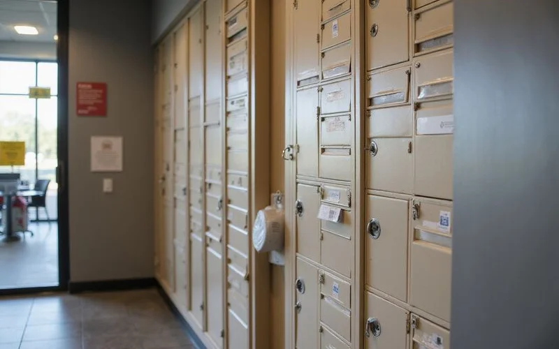 Package lockers in a new apartment mailroom, daytime