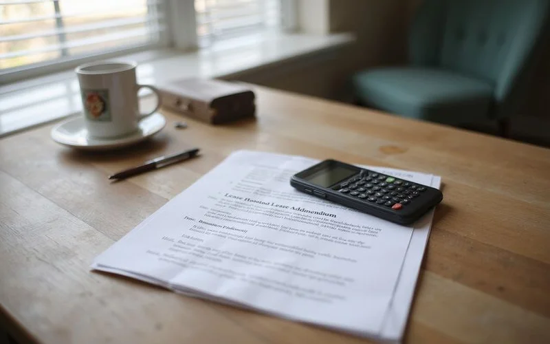 Phone calculator next to a lease concession addendum on a table