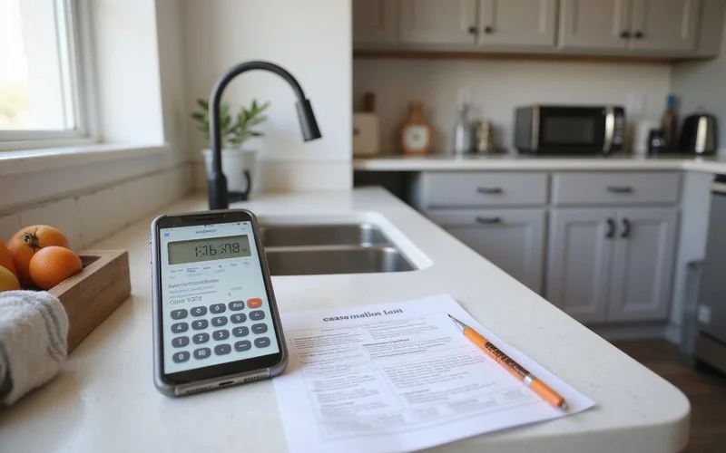Phone calculator showing a rent total beside a printed lease concession page on a kitchen counter