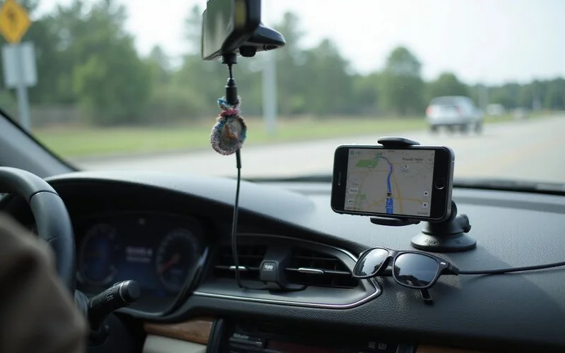 Phone map showing a highway route on a car mount