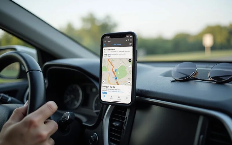 Phone map with two route options on a car dashboard
