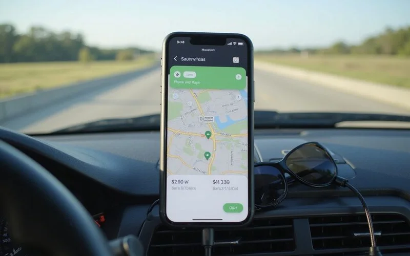 Phone map with two route options on a car dashboard