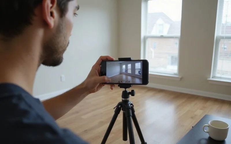 Phone on a tripod filming a live video tour of an apartment