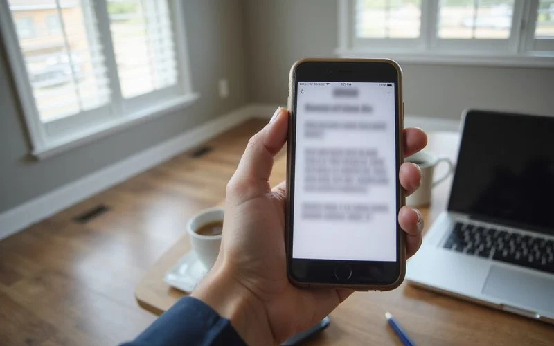 Phone screen showing a rental chat asking for a wire transfer held in a hand at a desk, no readable text
