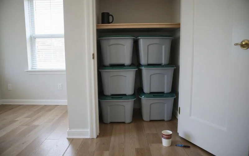 Plastic storage bins stacked on a closet shelf above the floor in a new apartment