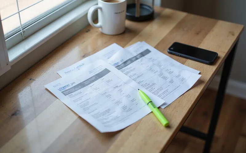 Printed electricity plan comparison sheets beside a highlighter and a phone on a desk in a new apartment