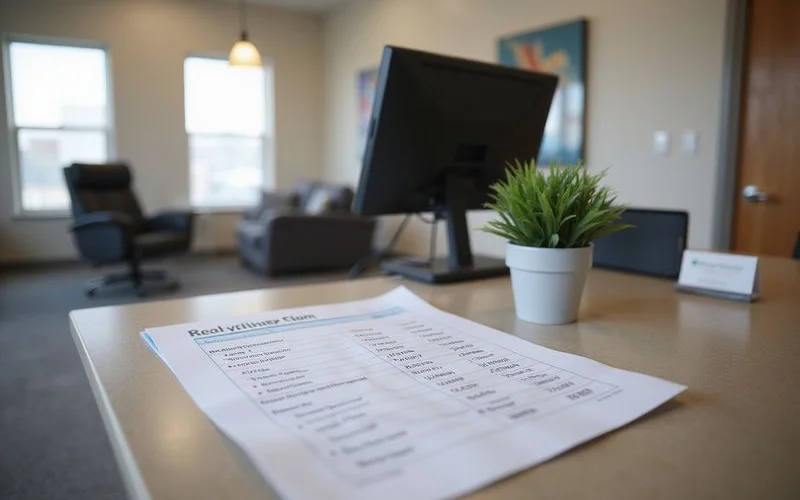 Printed fee sheet with highlighted line items on a leasing desk