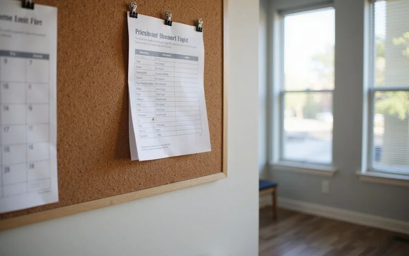 Printed income limit chart pinned to a corkboard in a leasing office next to a calendar, no readable text