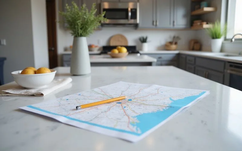 Printed map of Houston suburbs with colored dots and a pencil on a kitchen table