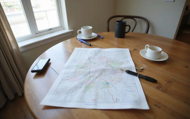 Printed map with a district boundary line drawn in marker next to a house key on a table