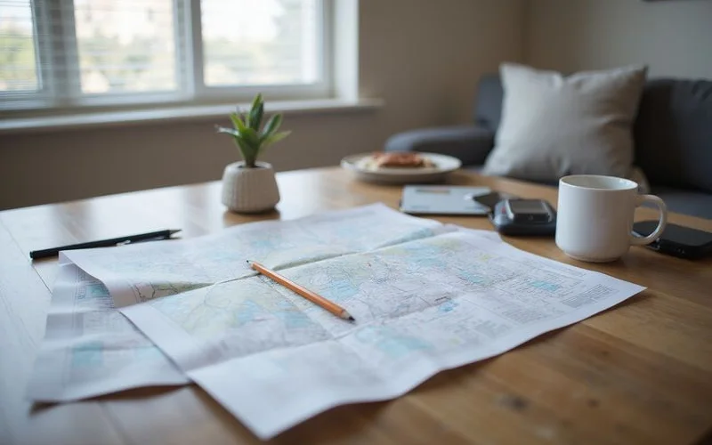 Printed map with pencil markings on a table, no readable labels