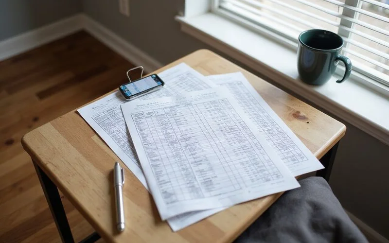 Printed scorecard sheets clipped together on a desk