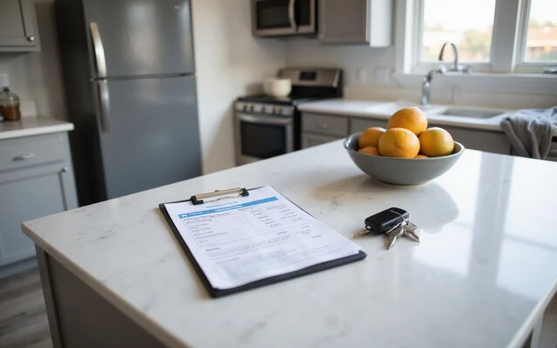 Printed water bill with a highlighted district charge on a clipboard next to keys in a new apartment kitchen