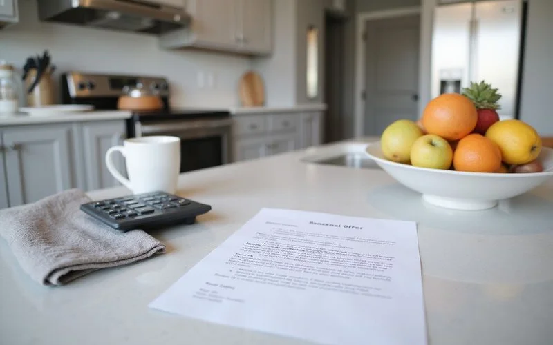 Renewal offer letter on a kitchen table next to a calculator and a mug in a new apartment