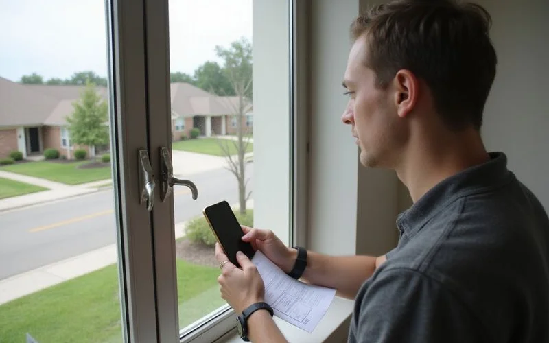 Renter checking a window latch during a tour of a new apartment with a printed checklist in hand