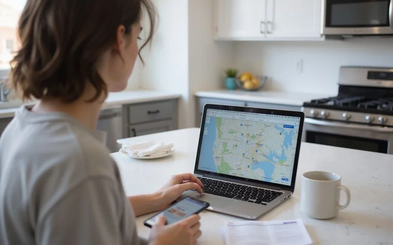 Renter comparing new apartment buildings on a map at home