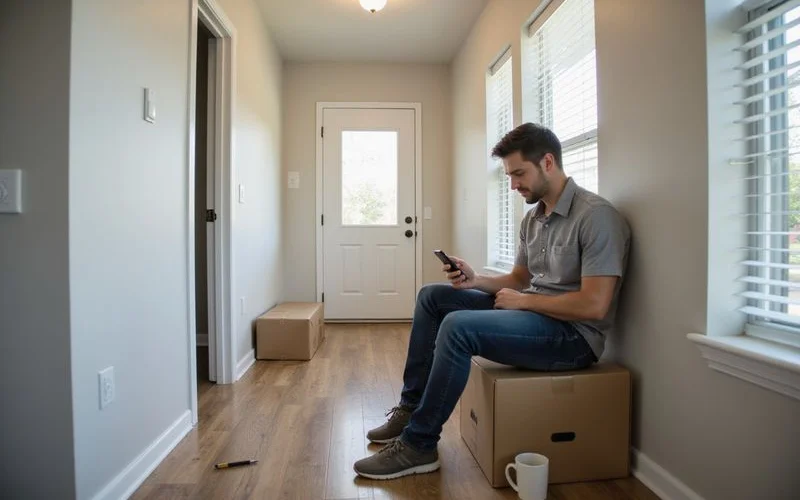 Renter sitting on a moving box in a hallway checking a phone while a unit door stays closed
