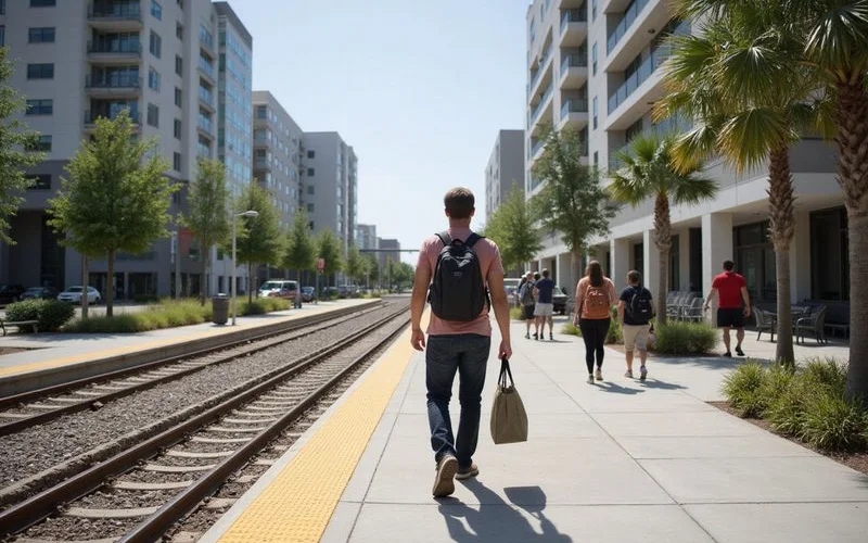 Renter walking toward a light rail platform