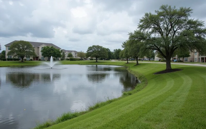 Retention pond beside a new suburban apartment community after rain