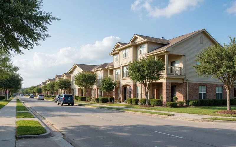 Row of new garden-style apartment buildings along a suburban Houston road, daytime