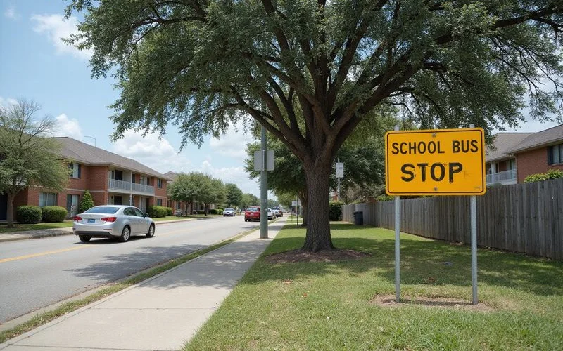 School bus stop sign at a suburban street corner near apartments
