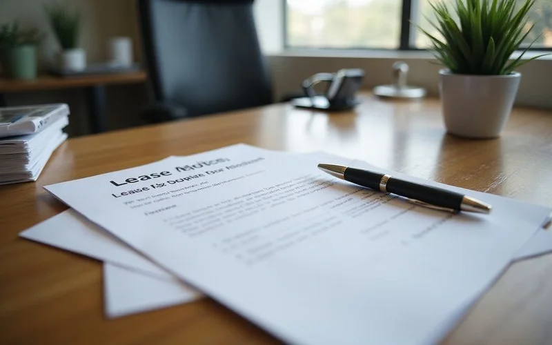 Signed one page notice resting on top of a lease packet with a pen on a leasing office desk