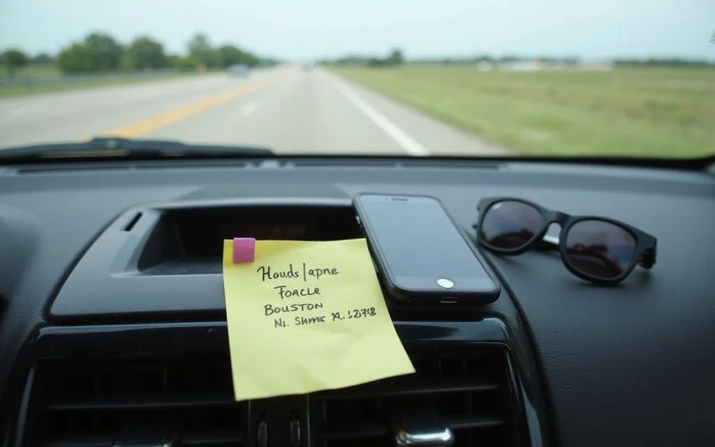 Sticky note with a work address on a car dashboard next to a phone showing a route
