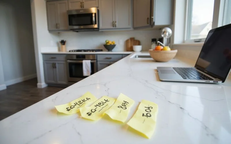 Sticky notes with dollar amounts arranged in a column on a kitchen table next to a laptop