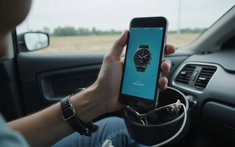 Stopwatch app on a phone in a car cup holder