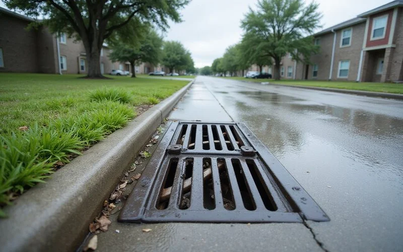 Storm drain inlet on a curb in front of a new suburban apartment building after light rain