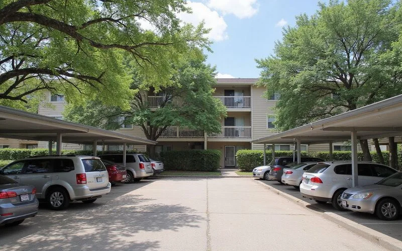 Surface parking lot outside a three story garden style apartment building with covered carports