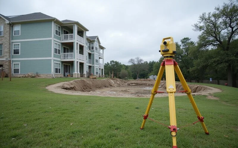 Surveyor tripod on a grassy slope beside a new apartment building foundation on an overcast morning