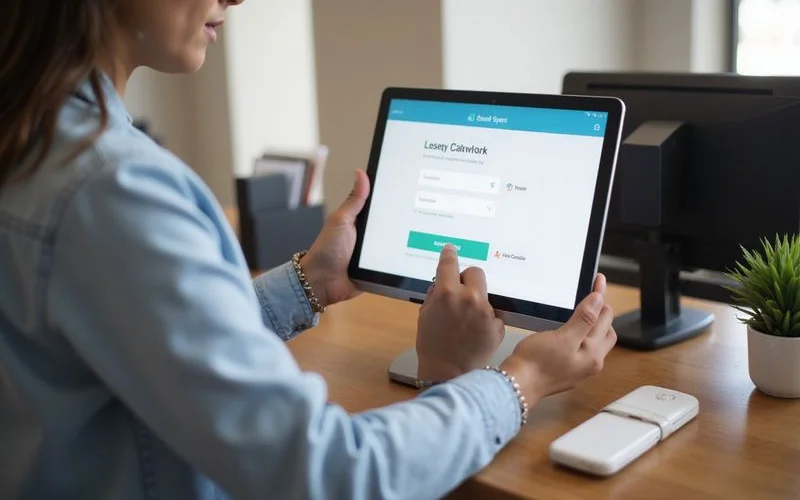Tablet showing a payment portal at a leasing desk