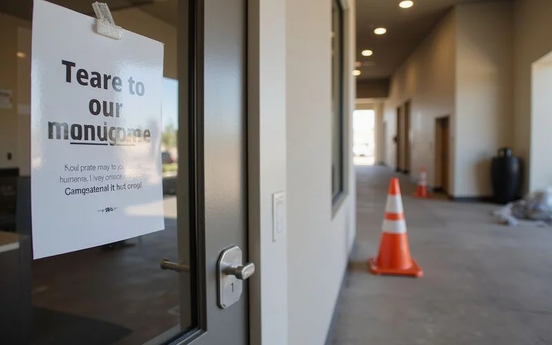 Temporary sign on a leasing office door, construction cones nearby