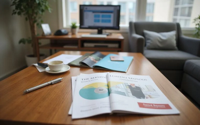 Three different colored leasing brochures on a lobby coffee table next to a pen, no readable text