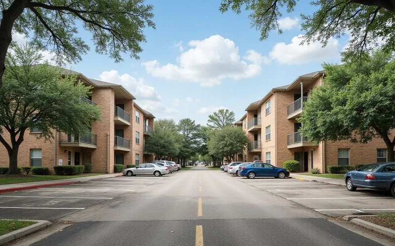 Three-story garden-style apartment buildings around a parking lot