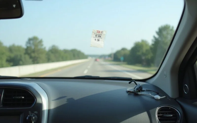 Toll tag sticker on a windshield, interior view