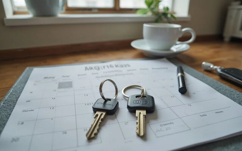 Two keys on separate key rings one new and one worn on a table beside a calendar
