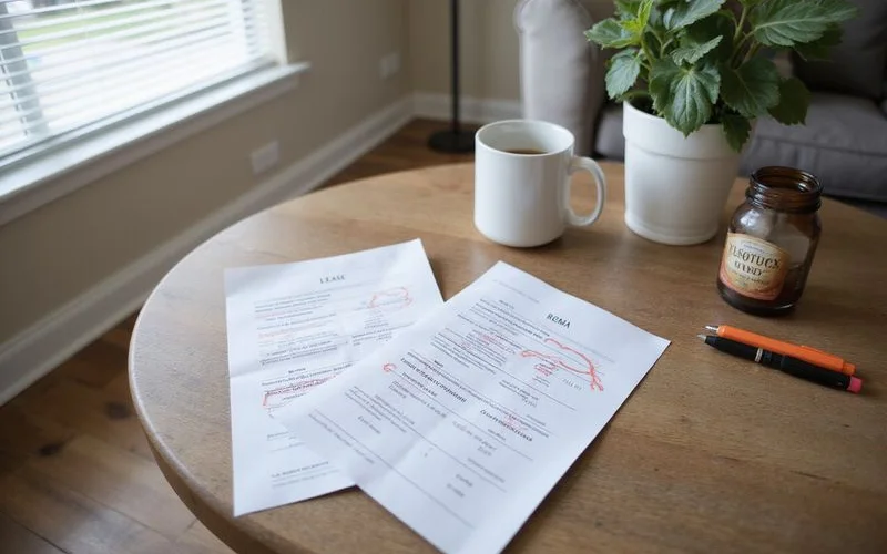 Two printed lease summaries side by side with different month counts circled in pen on a coffee table