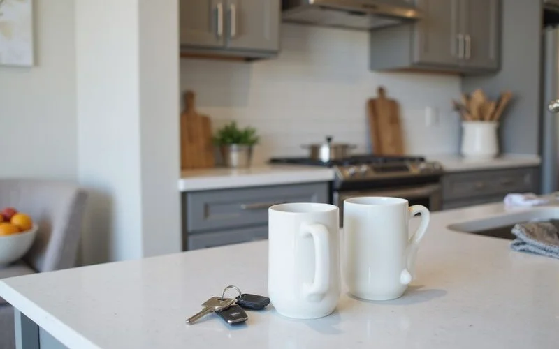 Two sets of apartment keys and two coffee mugs on a kitchen island in a new two bedroom apartment